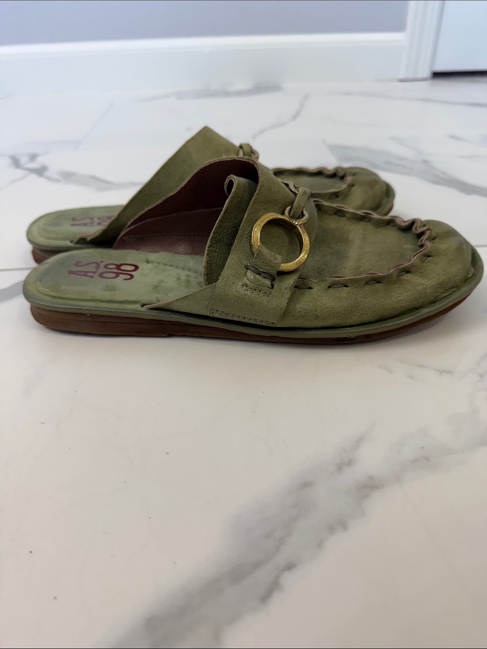 A.S.98 Olive Green Leather Mules with Gold Chain Accent - Picture 3 of 7